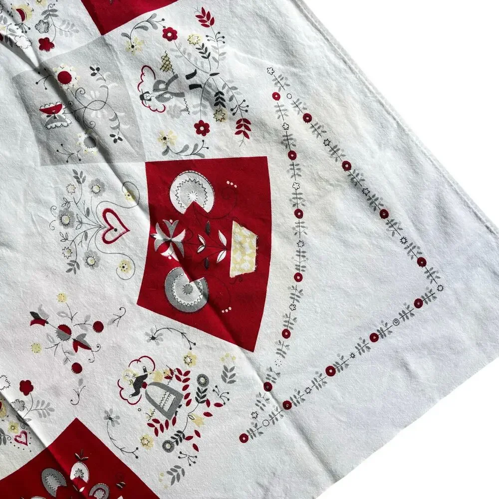 Red & white cotton tablecloth Pennsylvania Dutch motif mid century minor FLAWS